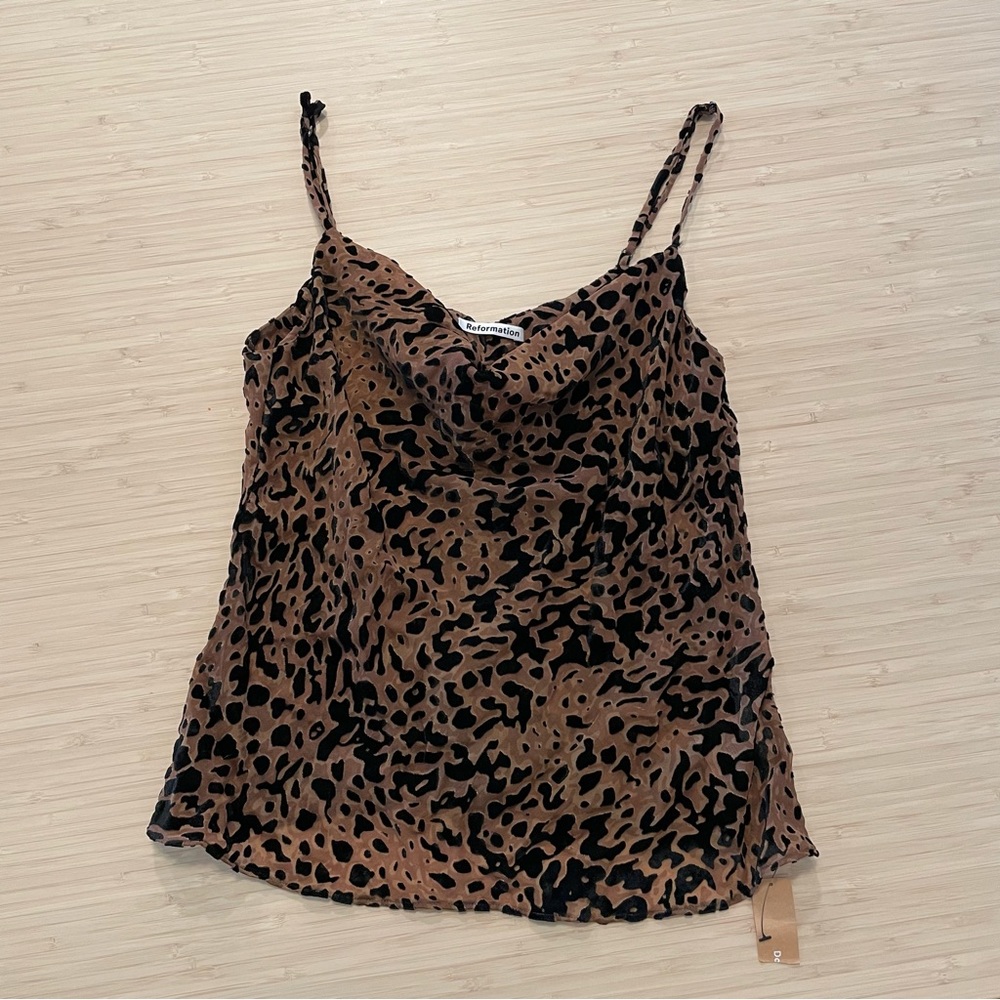 Reformation Brown and Black Leopard Print Silk Cowl Neck Tank